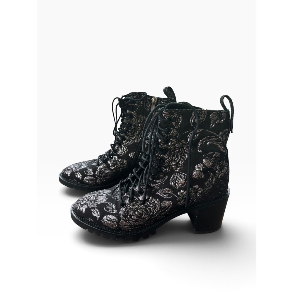 Jimmy Choo Floral Brocade Combat Boots 38.5 Black Silver Metallic Whimsigoth